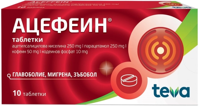 Teva Ацефеин при главоболие, мигрена, зъбобол 10 таблетки