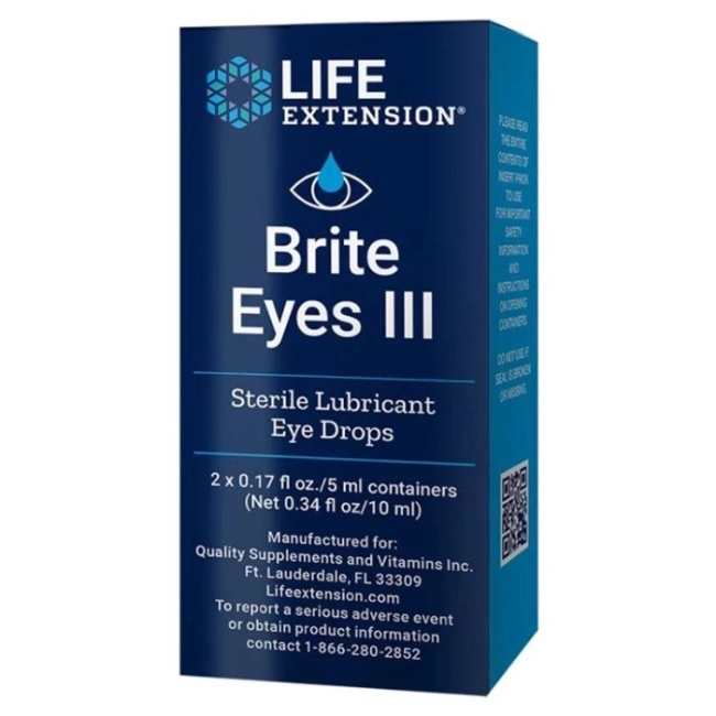Life Extension Brite Eyes III  - Стерилен овлажняващ разтвор за сухи и раздразнени очи, 2 флакона, 5 ml