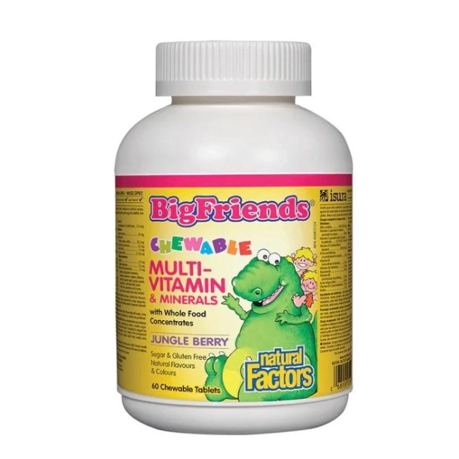 Natural Factors Multi-Vitamin & Minerals Big Friends® / Мултивитамини и минерали за деца х 60 дъвчащи таблетки с вкус на плодове от джунглата