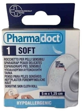 Pharmadoct Хипоалергенен лейкопласт за чувствителна кожа Soft 5 м х 1,25 см