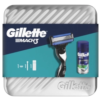 Комплект Gillette Mach3: Самобръсначка + Гел за бръснене с успокояващ ефект, 75 мл + Кутия за многократна употреба