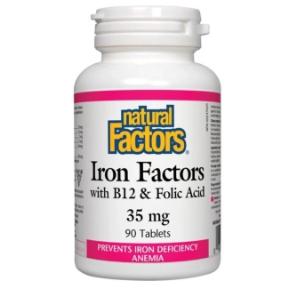 Natural Factors Iron Factors with B12 &amp; Folic Acid за здравословни нива на хемоглобин в тялото 35 мг х 90 таблетки