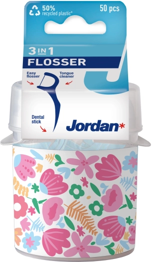 Jordan 3 в 1 Конец за зъби,клечка за зъби и четка за език за еднократна употреба в кутия за съхранение 50 броя