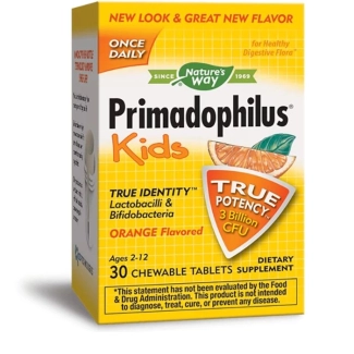 Nature’s Way Пробиотик Примадофилус Кидс – за деца (2-12 г.), 3 млрд. активни пробиотици, 30 дъвчащи таблетки с вкус на портокал
