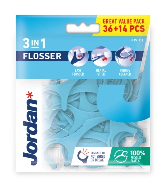 Jordan 3 в 1 Конец за зъби,клечка за зъби и четка за език за еднократна употреба 36 броя + 14 броя гратис